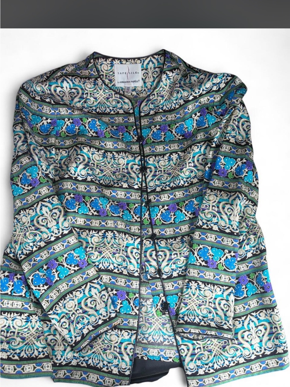 Adrianna Appel Avenue Turquoise, Teal & Blue Patterned Silk Jacket VINTAGE Y2K